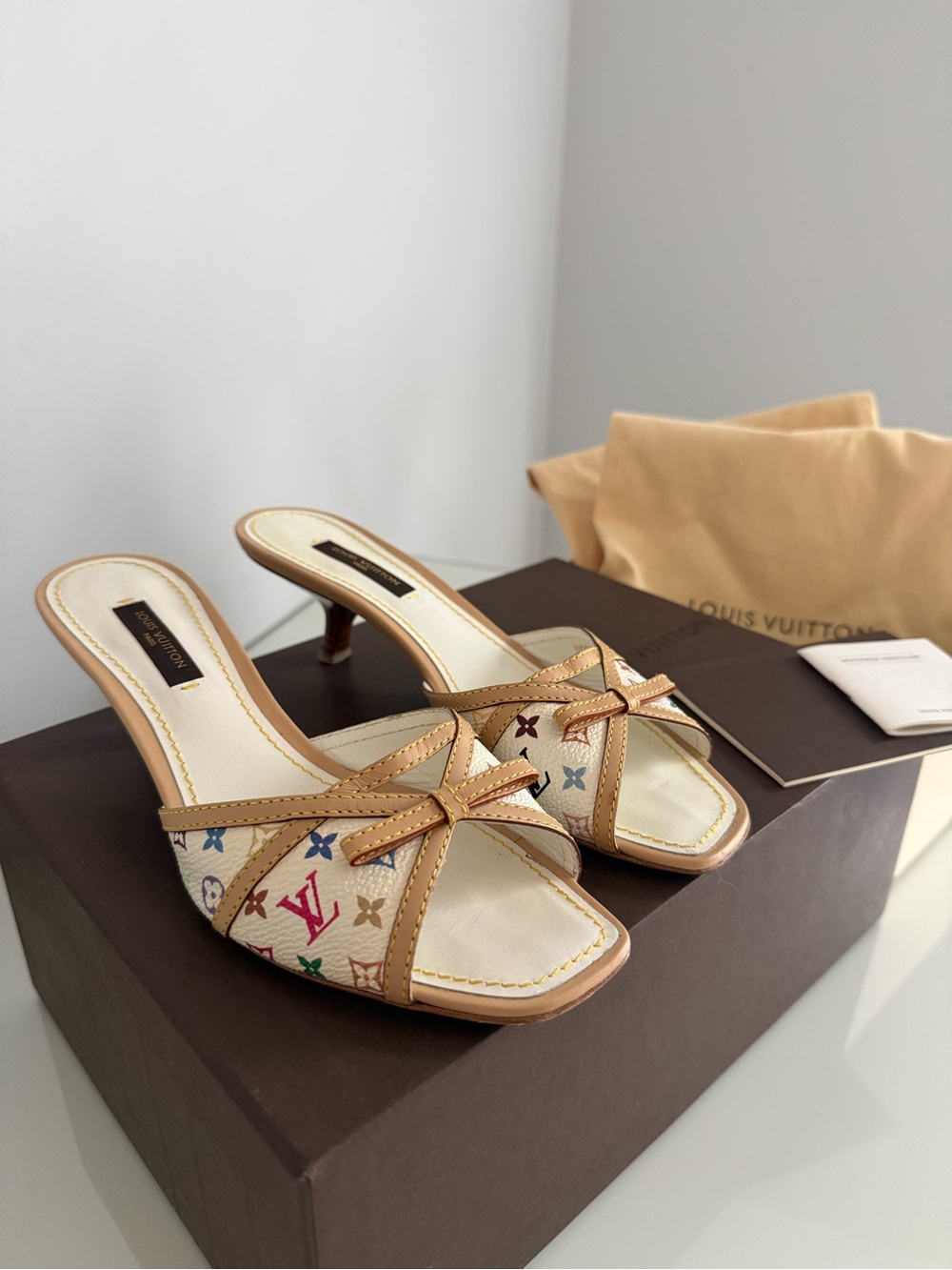 Louis Vuitton Beige Multicolor Monogram Bow Kitten-Heel Mules